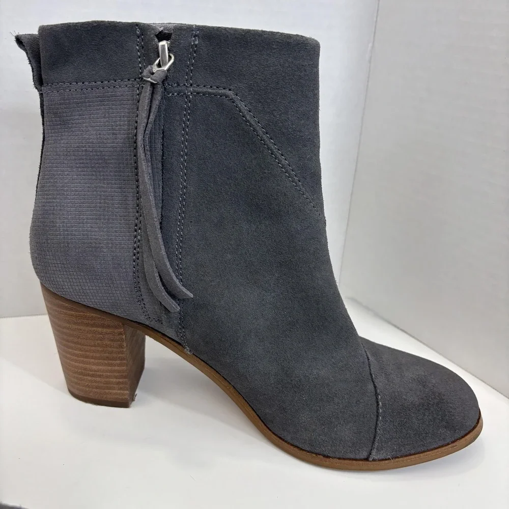 TOMS Suede Ankle Boots Womens 8.5 Gray Block Heel Zip Booties Casual Leather